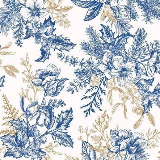 Zelfklevend kerstbehang op een rol van 45 cm breed met een kerstprint - blauwe winterbloemen