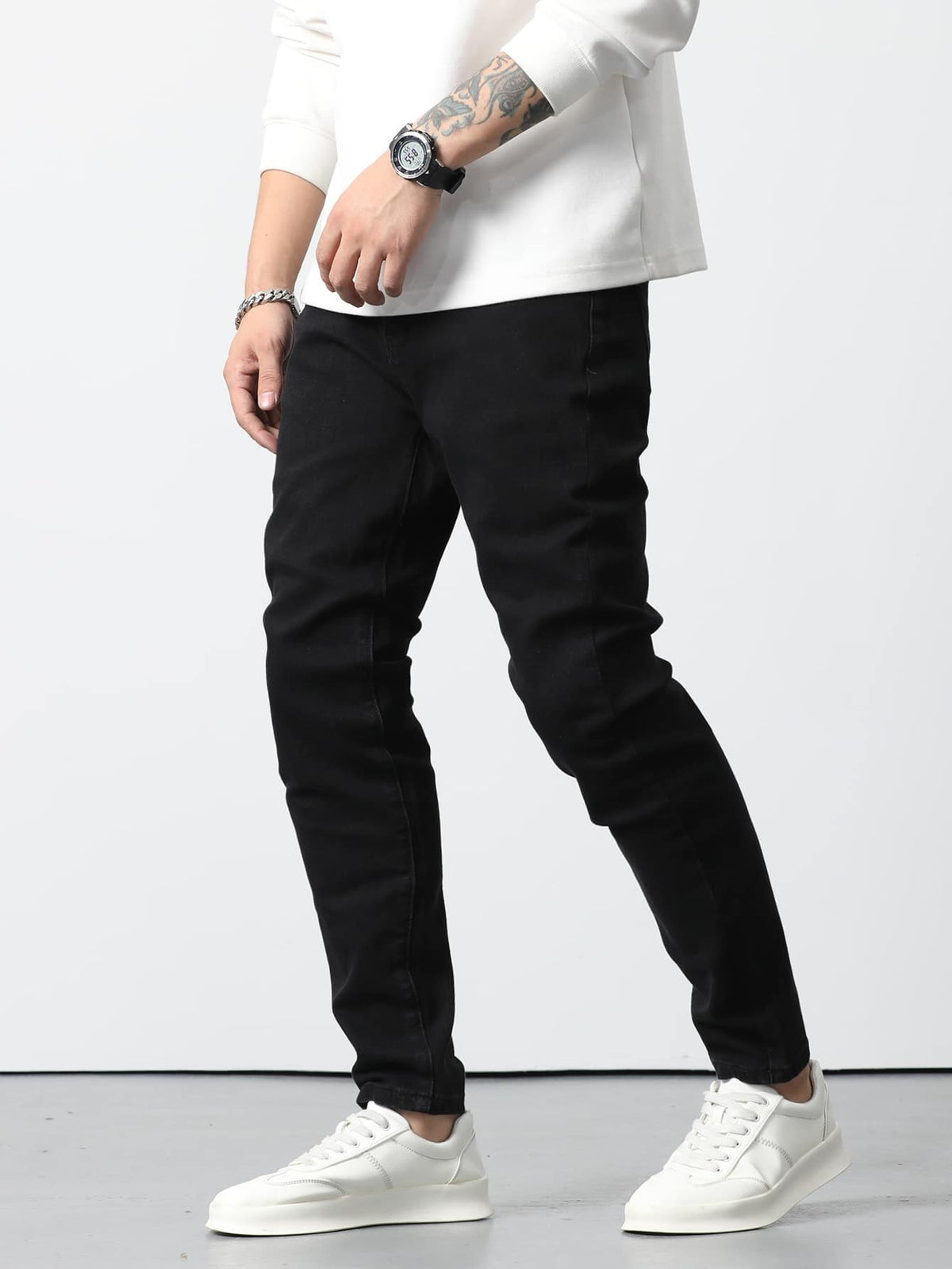 Zwarte skinny jeans voor heren met smalle pijp tot aan de enkel en vijf zakken - beeld 8